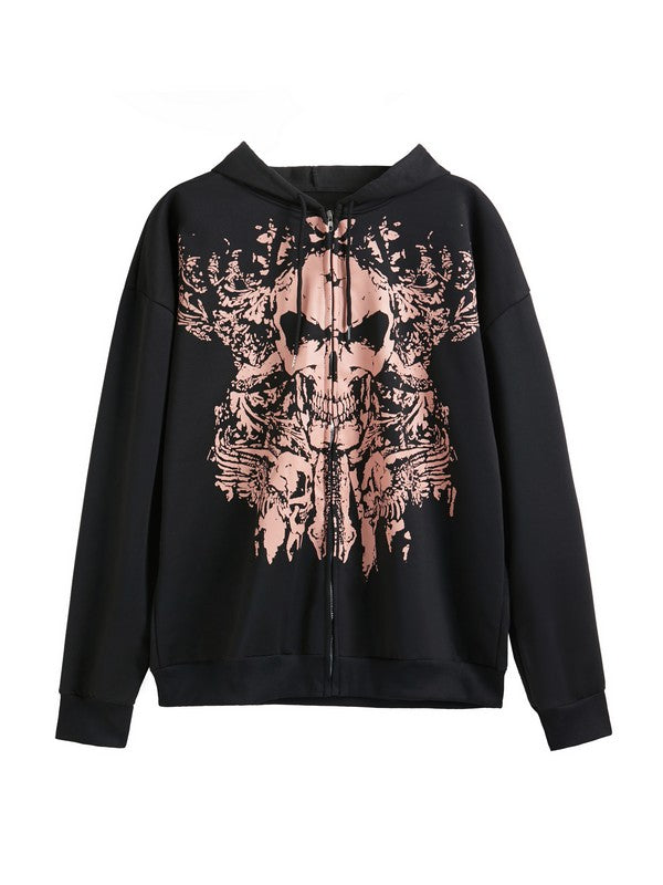 BLACK ZIP-UP HOODIE WITH STRIKING SKULL DESIGN