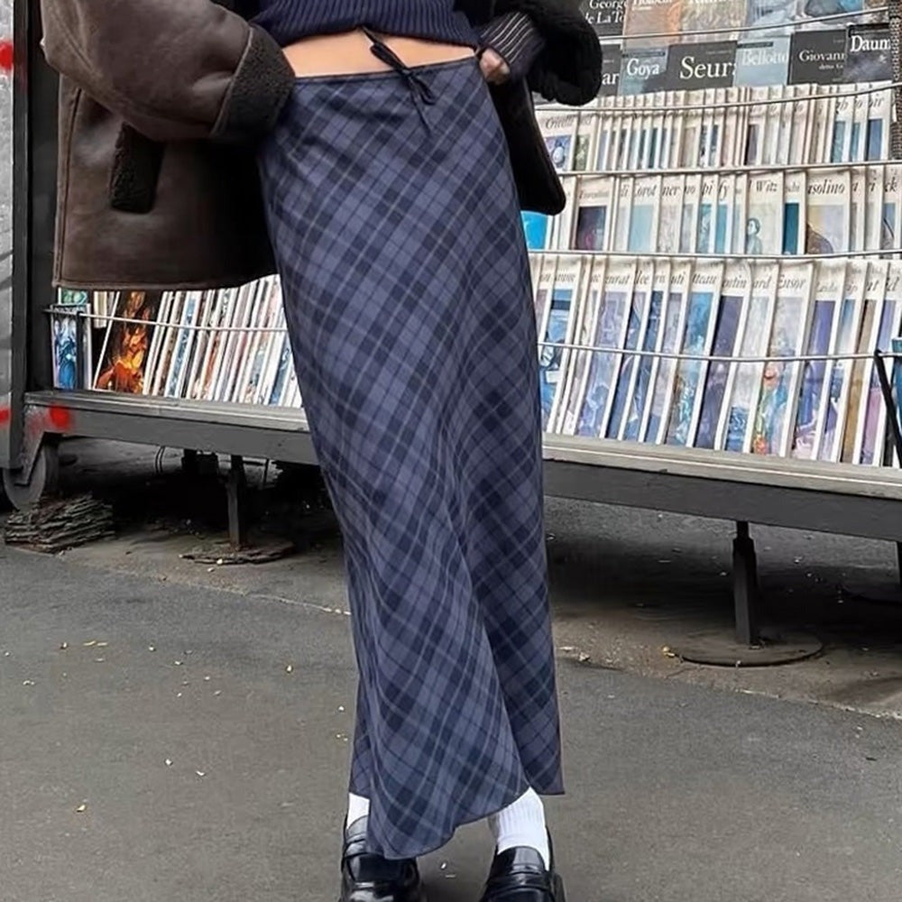 BLUE AND GRAY PLAID MAXI SKIRT FOR WOMEN