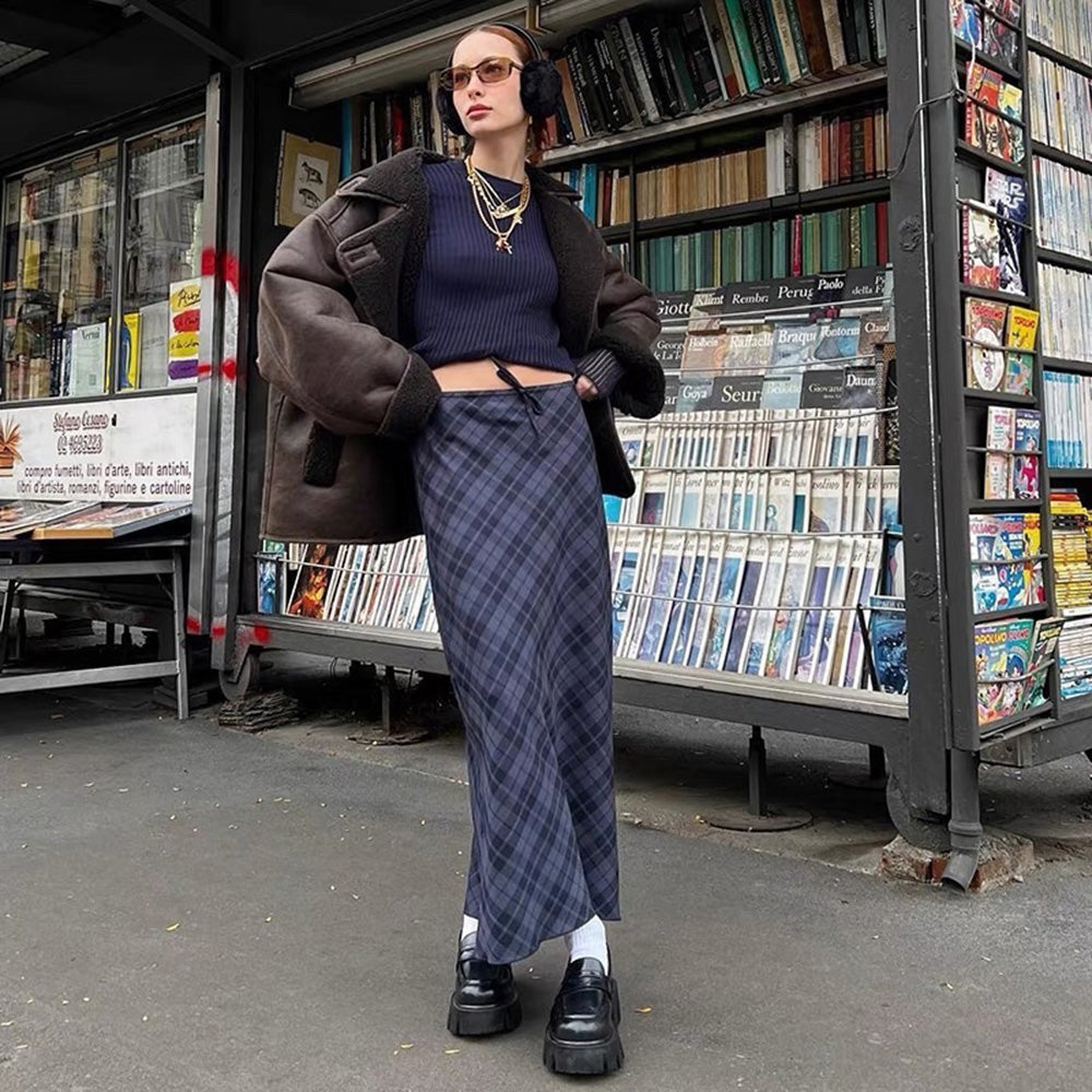 BLUE AND GRAY PLAID MAXI SKIRT FOR WOMEN