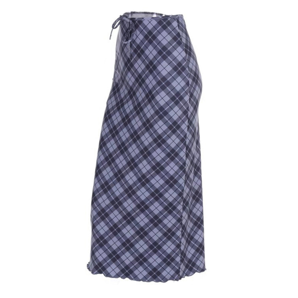 BLUE AND GRAY PLAID MAXI SKIRT FOR WOMEN