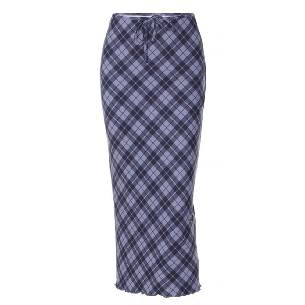 BLUE AND GRAY PLAID MAXI SKIRT FOR WOMEN
