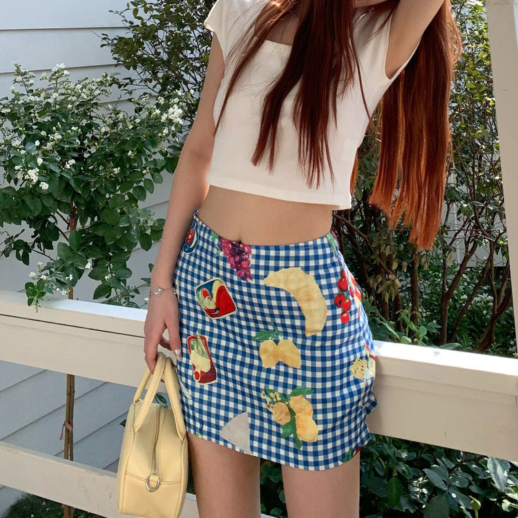 BLUE AND WHITE CHECKERED FRUIT PATCH MINI SKIRT