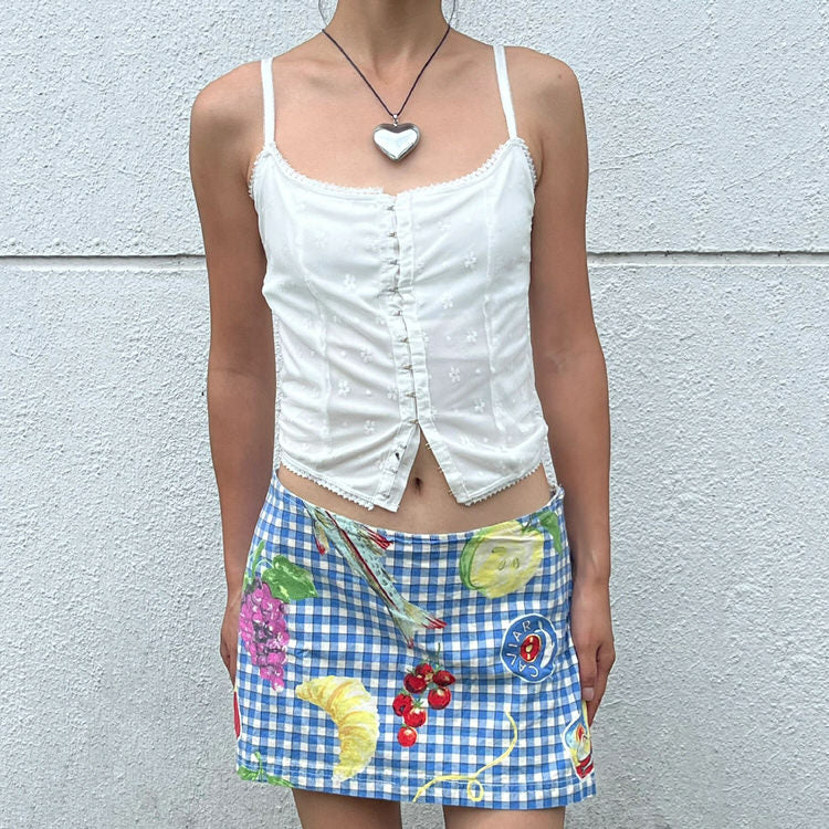 BLUE AND WHITE CHECKERED FRUIT PATCH MINI SKIRT