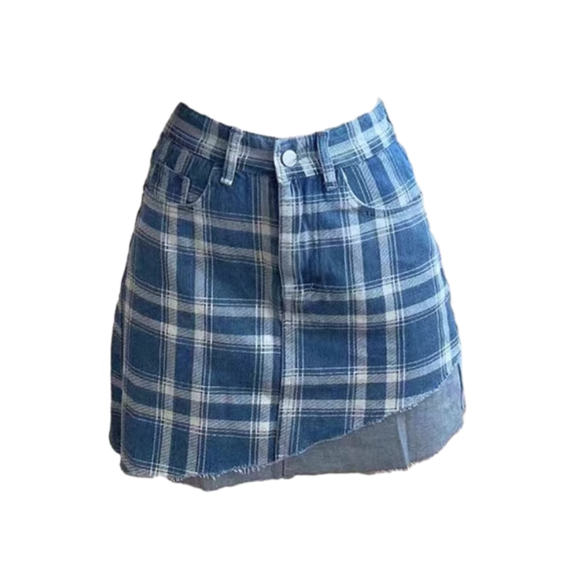 BLUE AND WHITE PLAID DENIM SKIRT FOR WOMEN