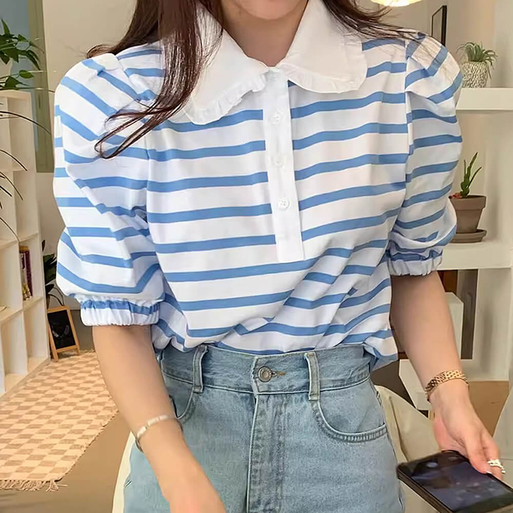 BLUE AND WHITE STRIPED BLOUSE WITH PUFF SLEEVE AND PETER PAN COLLAR