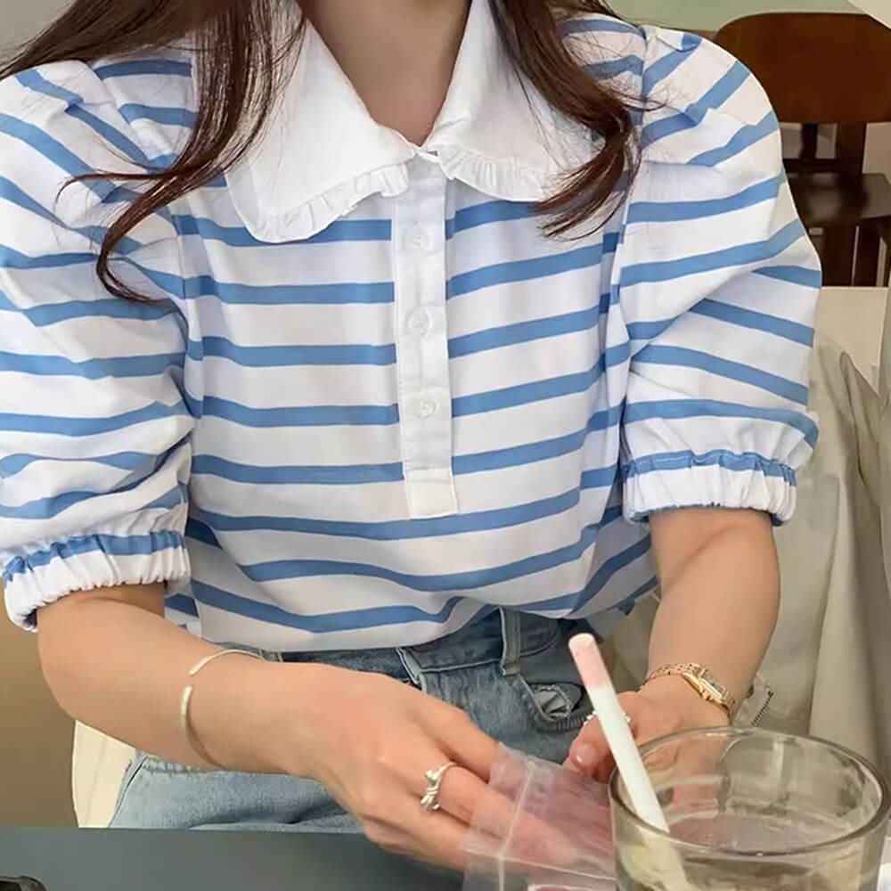BLUE AND WHITE STRIPED BLOUSE WITH PUFF SLEEVE AND PETER PAN COLLAR