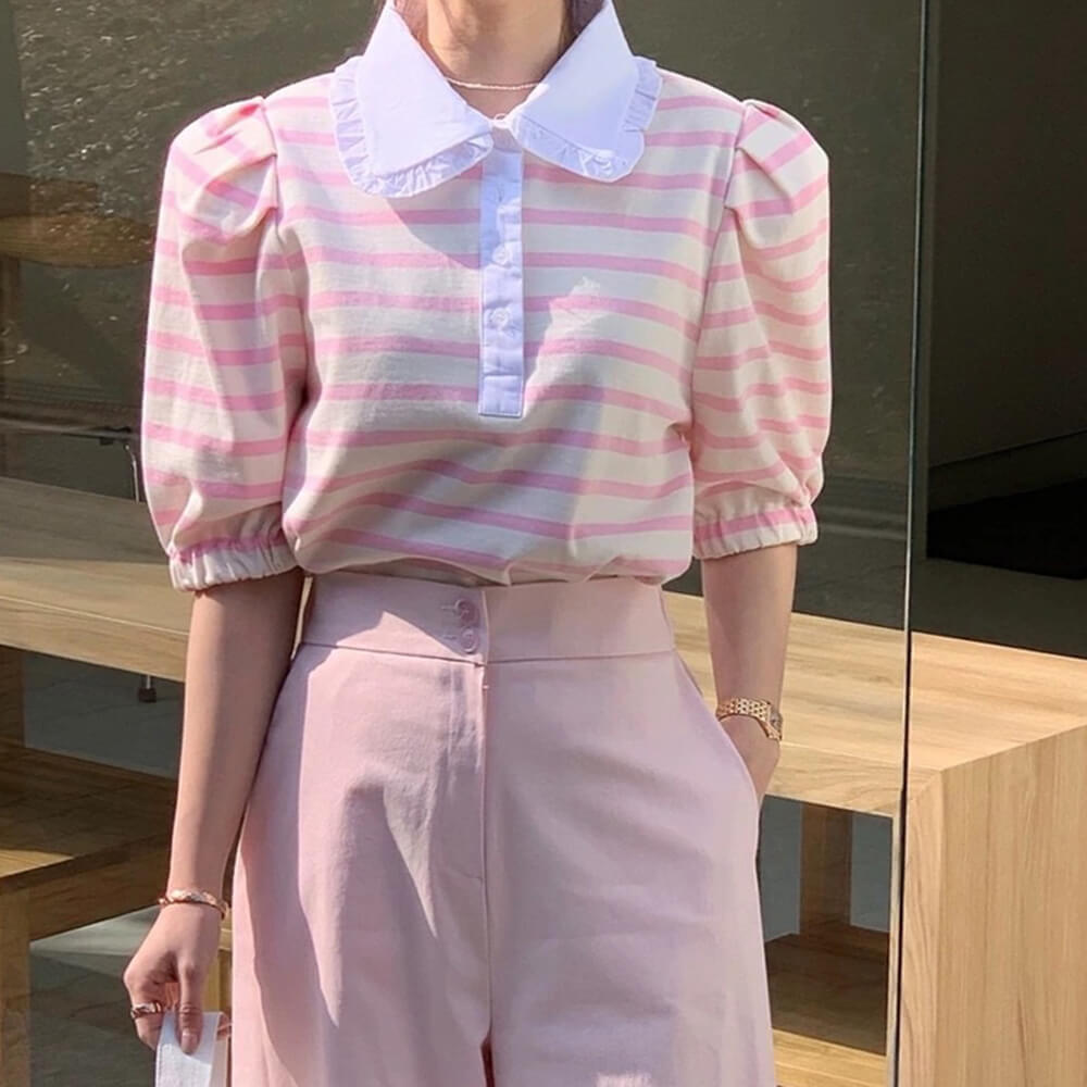 BLUE AND WHITE STRIPED BLOUSE WITH PUFF SLEEVE AND PETER PAN COLLAR