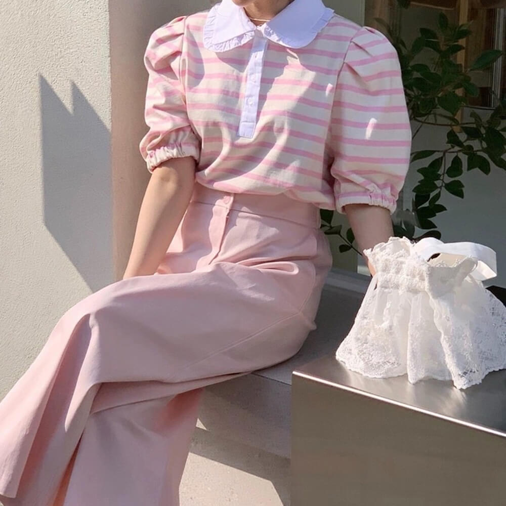 BLUE AND WHITE STRIPED BLOUSE WITH PUFF SLEEVE AND PETER PAN COLLAR