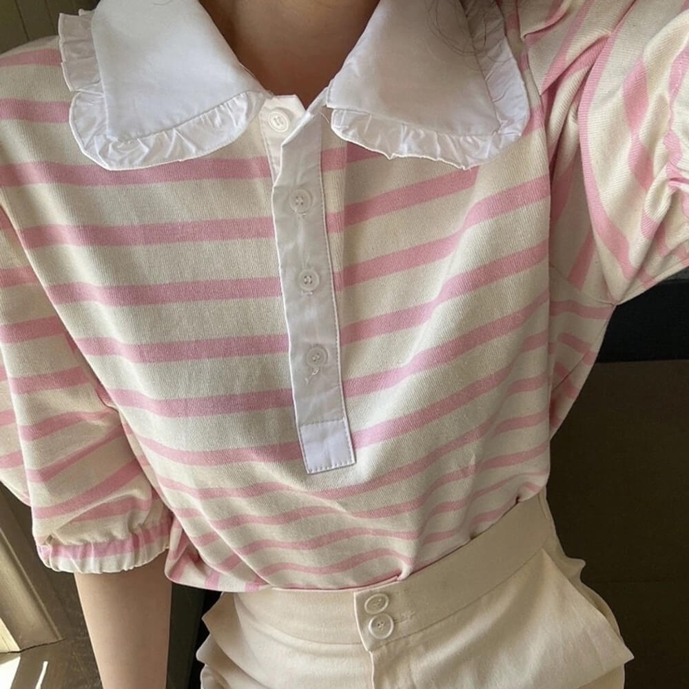 BLUE AND WHITE STRIPED BLOUSE WITH PUFF SLEEVE AND PETER PAN COLLAR