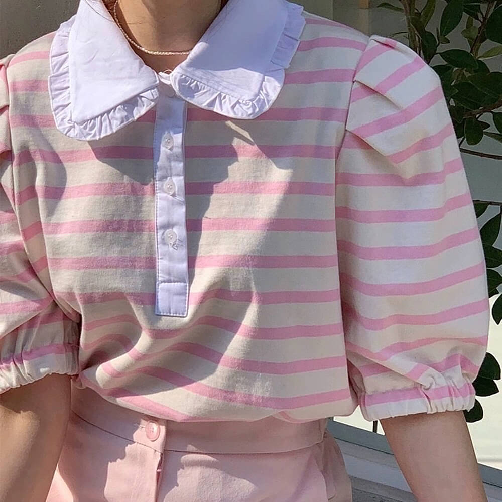 BLUE AND WHITE STRIPED BLOUSE WITH PUFF SLEEVE AND PETER PAN COLLAR