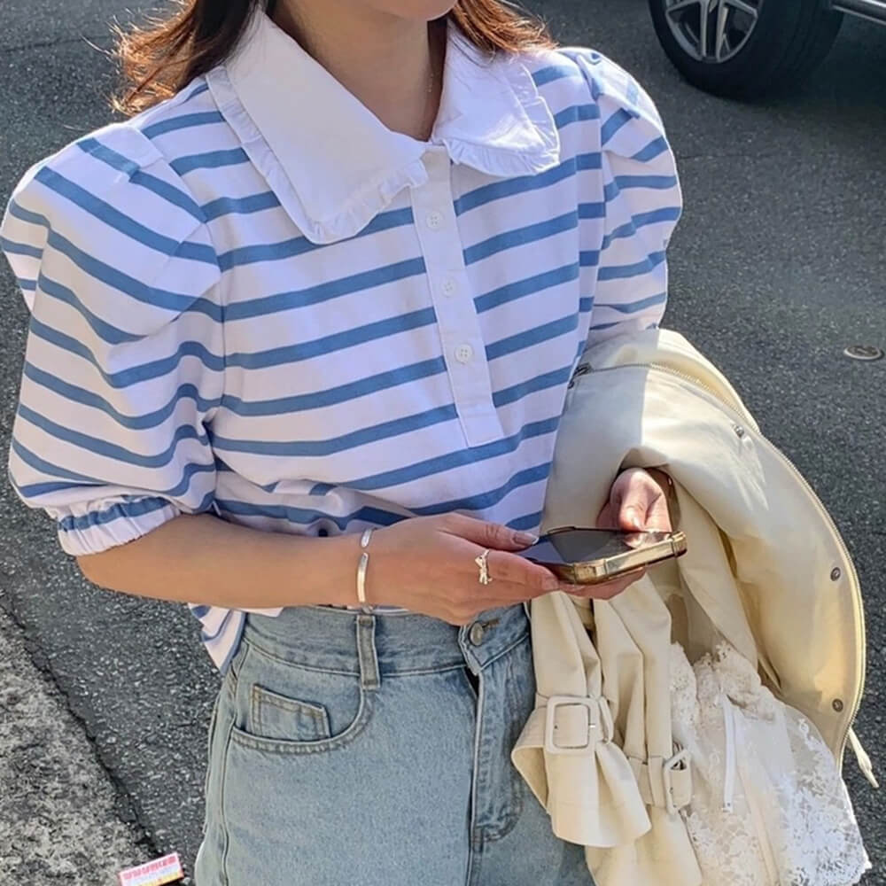 BLUE AND WHITE STRIPED BLOUSE WITH PUFF SLEEVE AND PETER PAN COLLAR