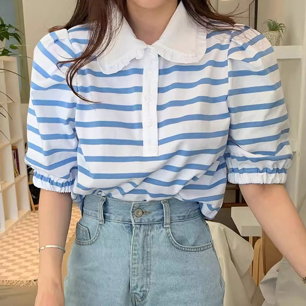 BLUE AND WHITE STRIPED BLOUSE WITH PUFF SLEEVE AND PETER PAN COLLAR