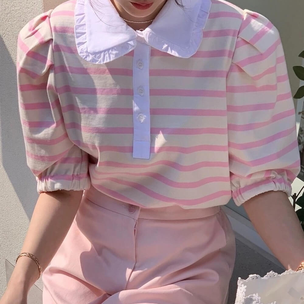 BLUE AND WHITE STRIPED BLOUSE WITH PUFF SLEEVE AND PETER PAN COLLAR
