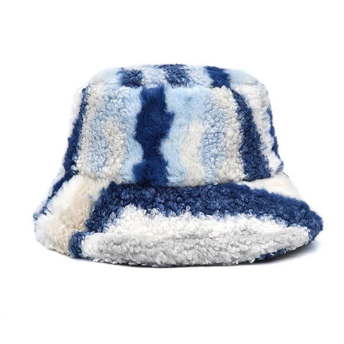 BLUE AND WHITE STRIPED FUZZY BUCKET HAT