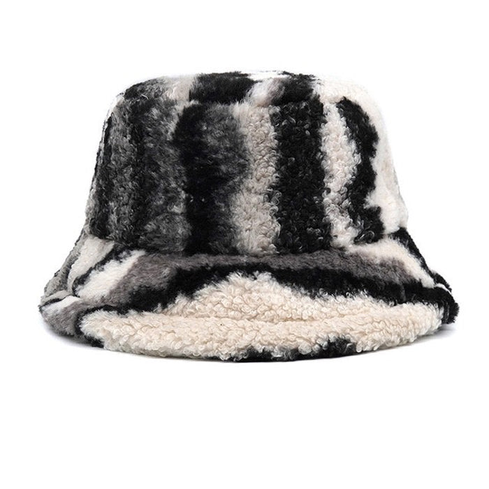 BLUE AND WHITE STRIPED FUZZY BUCKET HAT