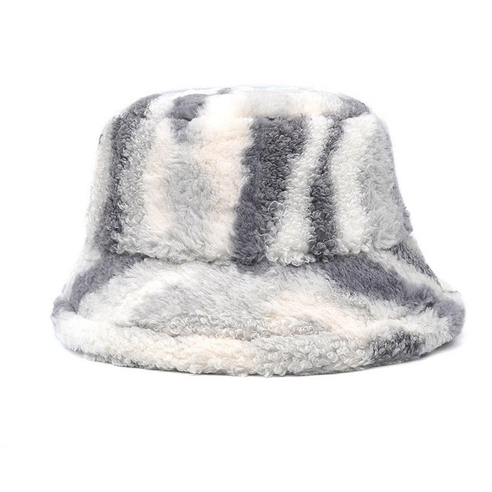 BLUE AND WHITE STRIPED FUZZY BUCKET HAT