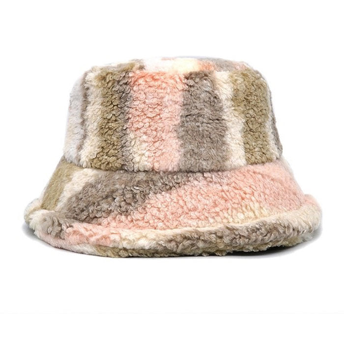 BLUE AND WHITE STRIPED FUZZY BUCKET HAT