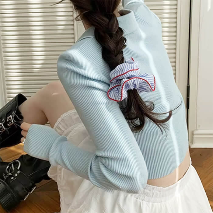 BLUE AND WHITE STRIPED SCRUNCHIE WITH RED TRIM HAIR ACCESSORY