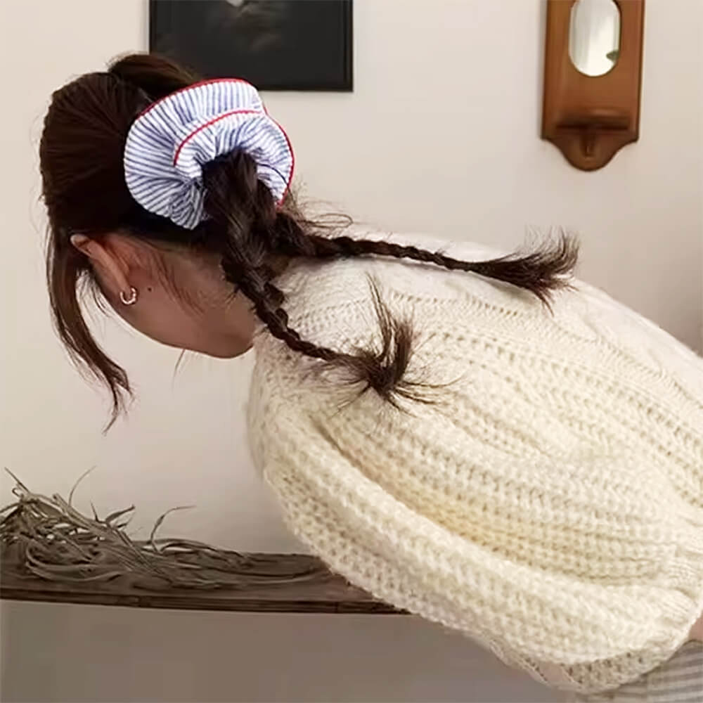 BLUE AND WHITE STRIPED SCRUNCHIE WITH RED TRIM HAIR ACCESSORY