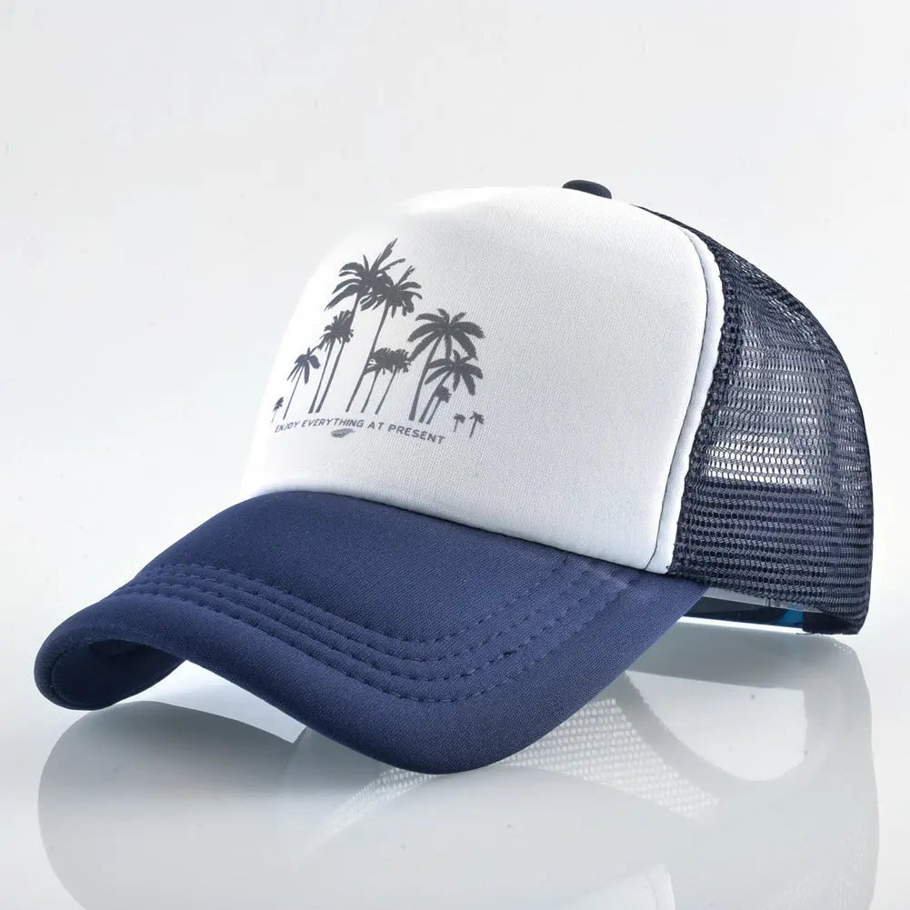BLUE AND WHITE TRUCKER HAT WITH PALM TREE DESIGN MULTI-LOGO TRUCKER CAP