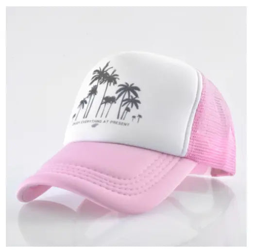 BLUE AND WHITE TRUCKER HAT WITH PALM TREE DESIGN MULTI-LOGO TRUCKER CAP