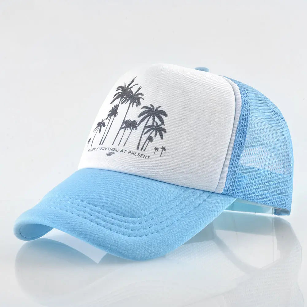 BLUE AND WHITE TRUCKER HAT WITH PALM TREE DESIGN MULTI-LOGO TRUCKER CAP