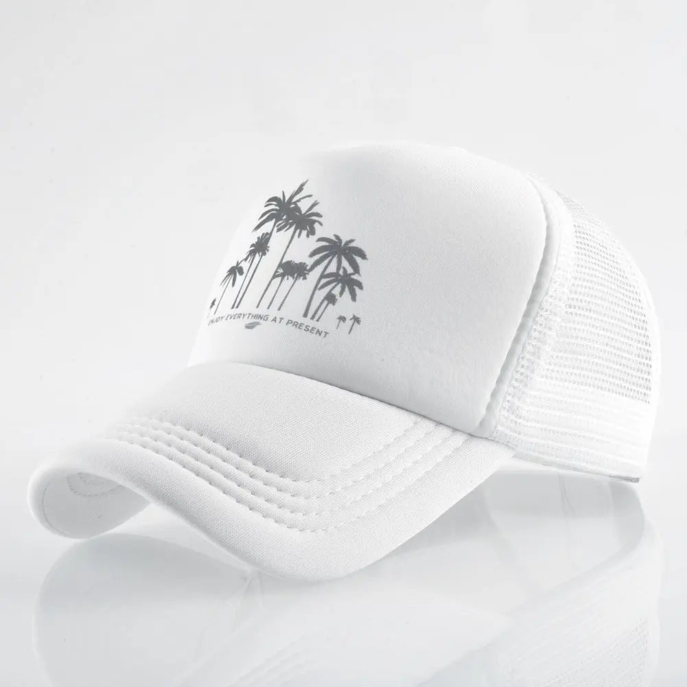 BLUE AND WHITE TRUCKER HAT WITH PALM TREE DESIGN MULTI-LOGO TRUCKER CAP