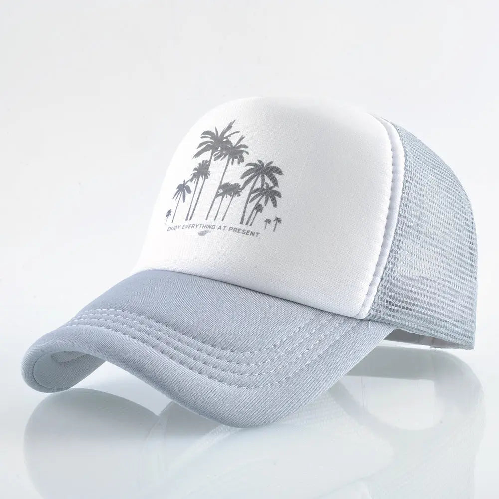 BLUE AND WHITE TRUCKER HAT WITH PALM TREE DESIGN MULTI-LOGO TRUCKER CAP