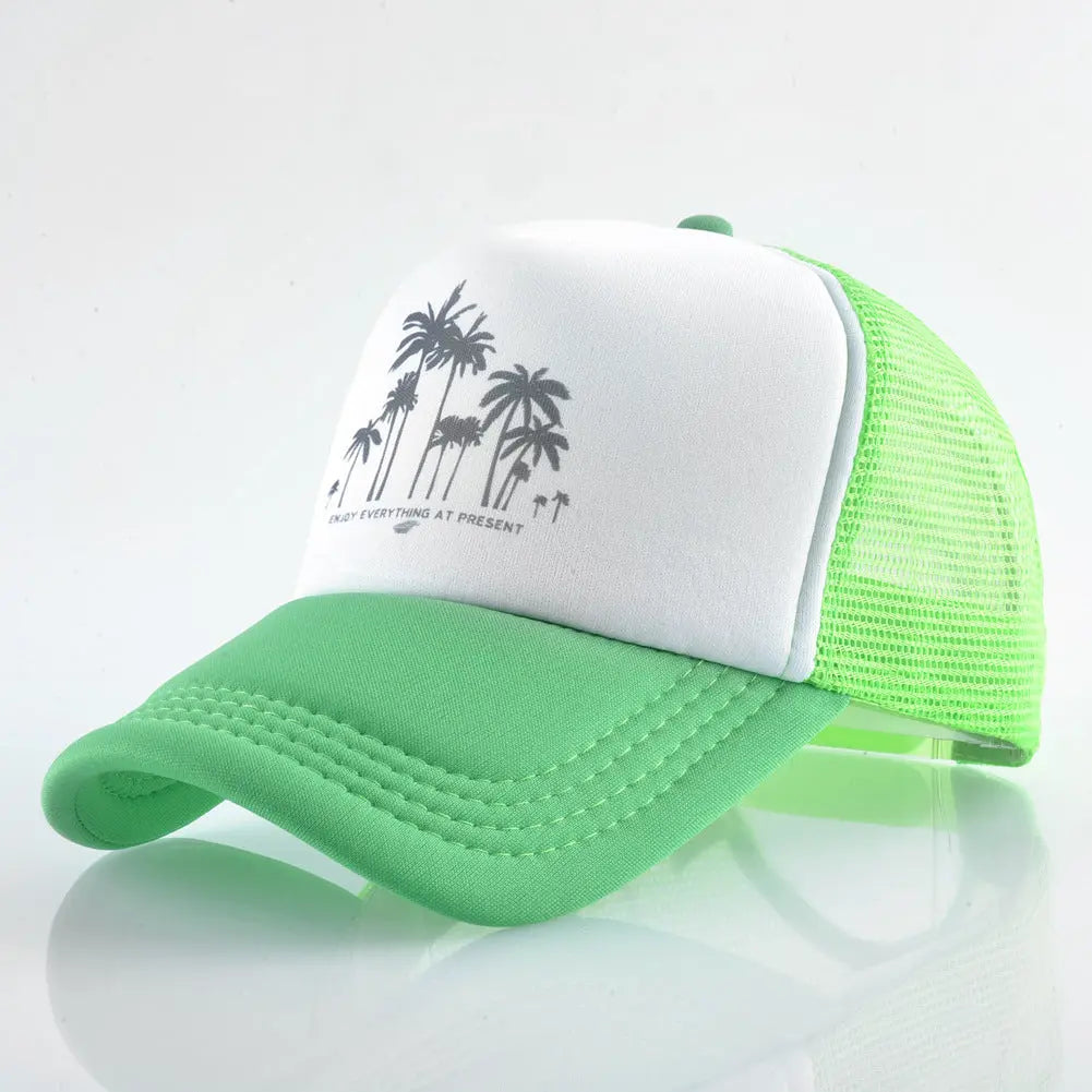 BLUE AND WHITE TRUCKER HAT WITH PALM TREE DESIGN MULTI-LOGO TRUCKER CAP