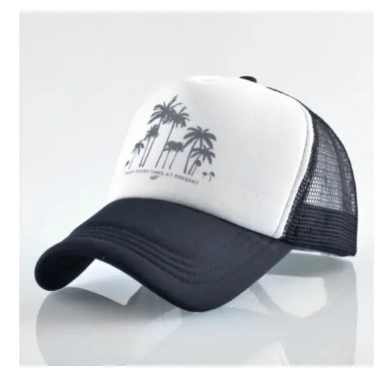 BLUE AND WHITE TRUCKER HAT WITH PALM TREE DESIGN MULTI-LOGO TRUCKER CAP