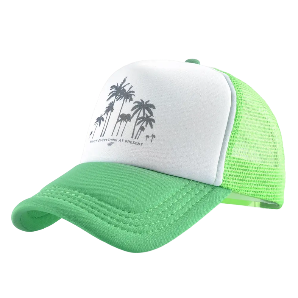 BLUE AND WHITE TRUCKER HAT WITH PALM TREE DESIGN MULTI-LOGO TRUCKER CAP