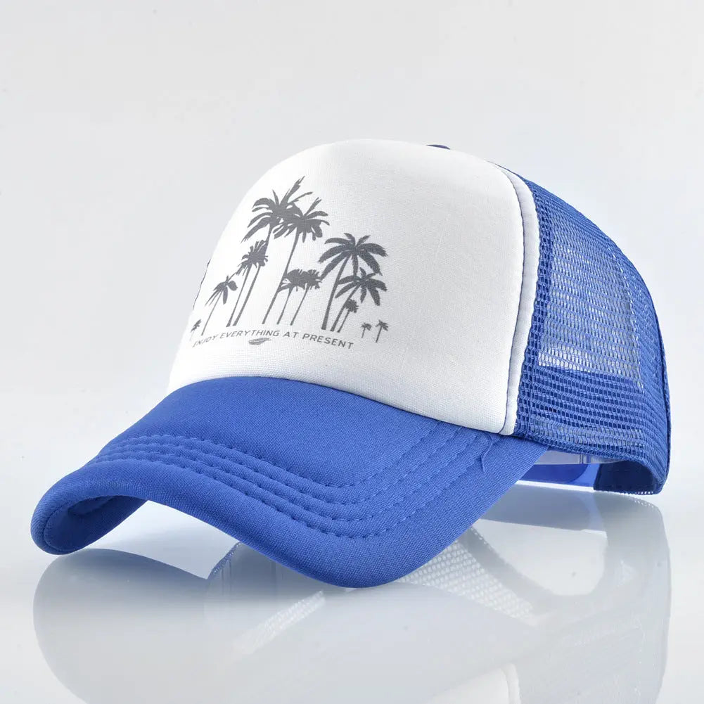 BLUE AND WHITE TRUCKER HAT WITH PALM TREE DESIGN MULTI-LOGO TRUCKER CAP