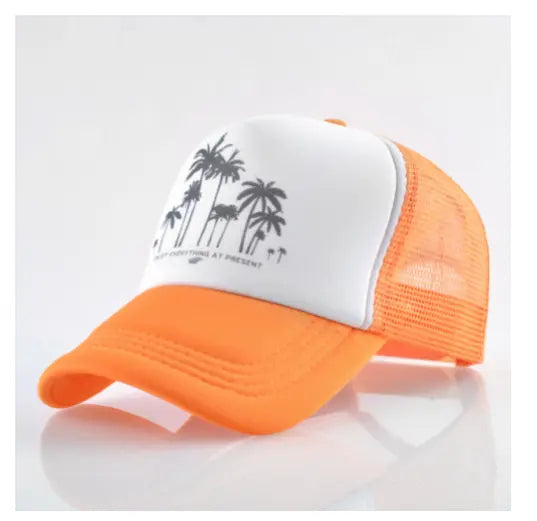 BLUE AND WHITE TRUCKER HAT WITH PALM TREE DESIGN MULTI-LOGO TRUCKER CAP