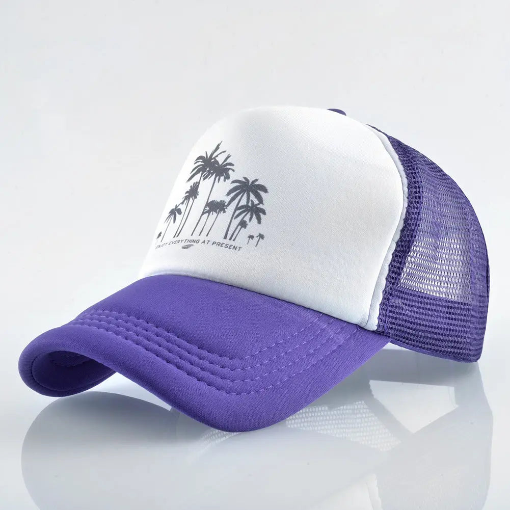 BLUE AND WHITE TRUCKER HAT WITH PALM TREE DESIGN MULTI-LOGO TRUCKER CAP