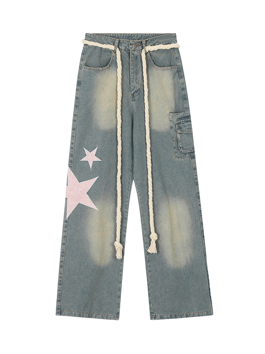 BLUE DENIM CARGO PANTS WITH PINK STAR BELT CASUAL MID WAIST TRENDY