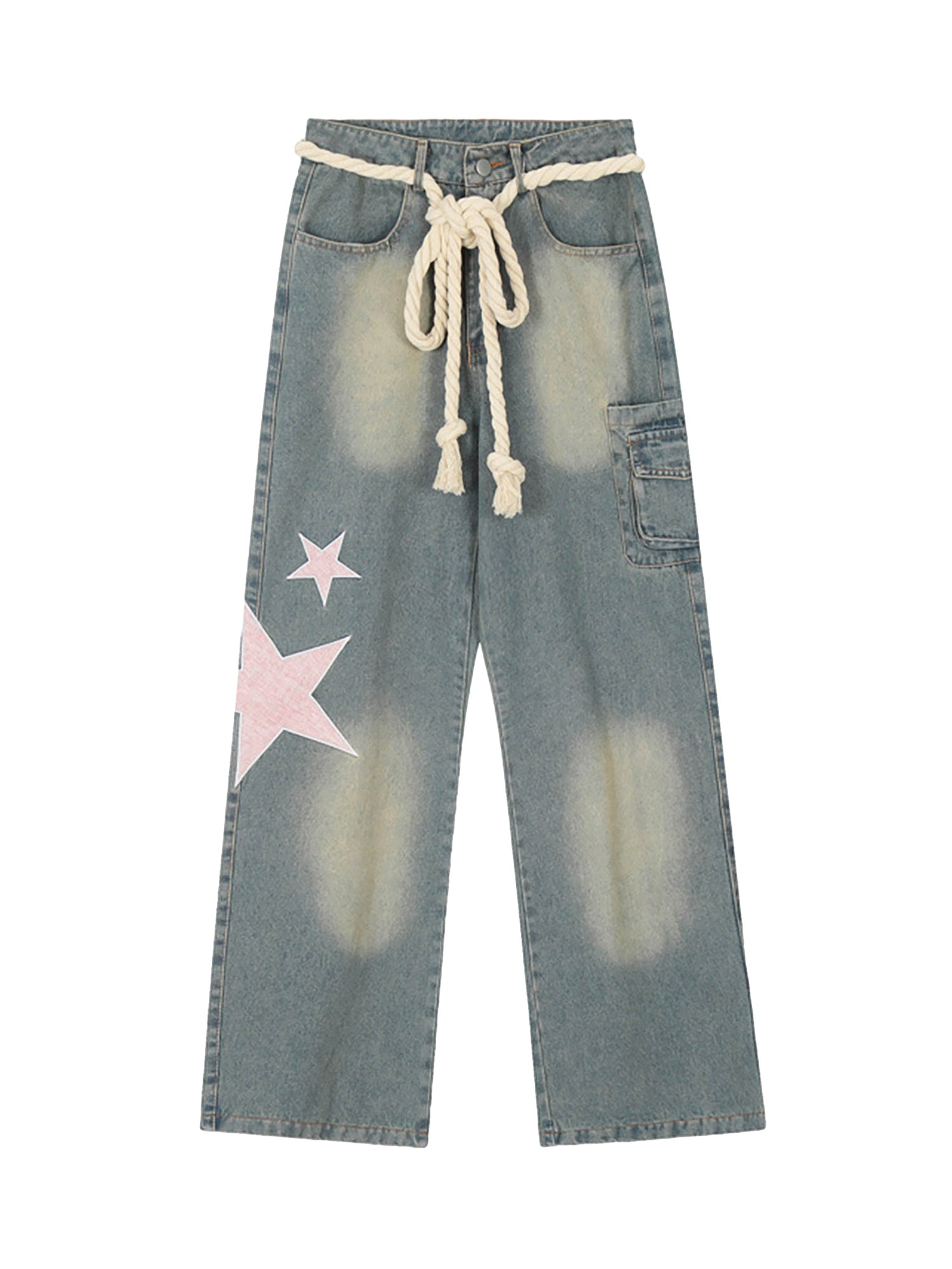 BLUE DENIM CARGO PANTS WITH PINK STAR BELT CASUAL MID WAIST TRENDY