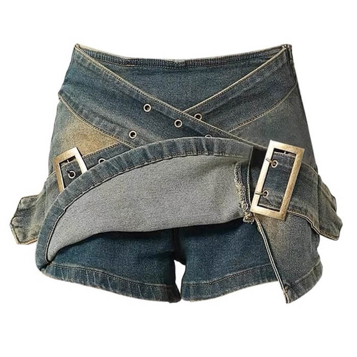 BLUE DENIM MINI SKIRT WITH DOUBLE BUCKLE