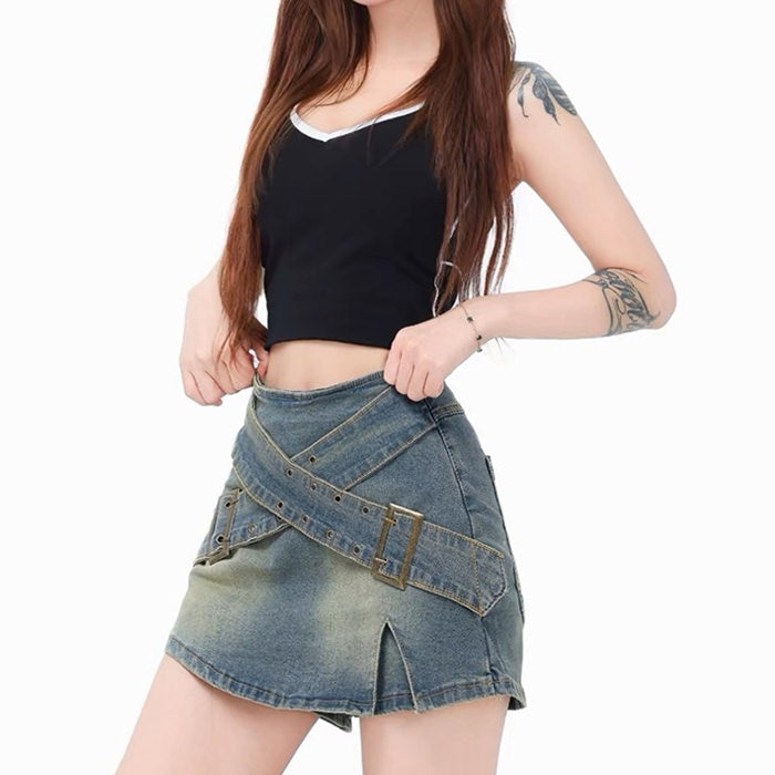 BLUE DENIM MINI SKIRT WITH DOUBLE BUCKLE