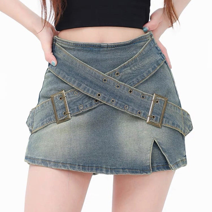 BLUE DENIM MINI SKIRT WITH DOUBLE BUCKLE