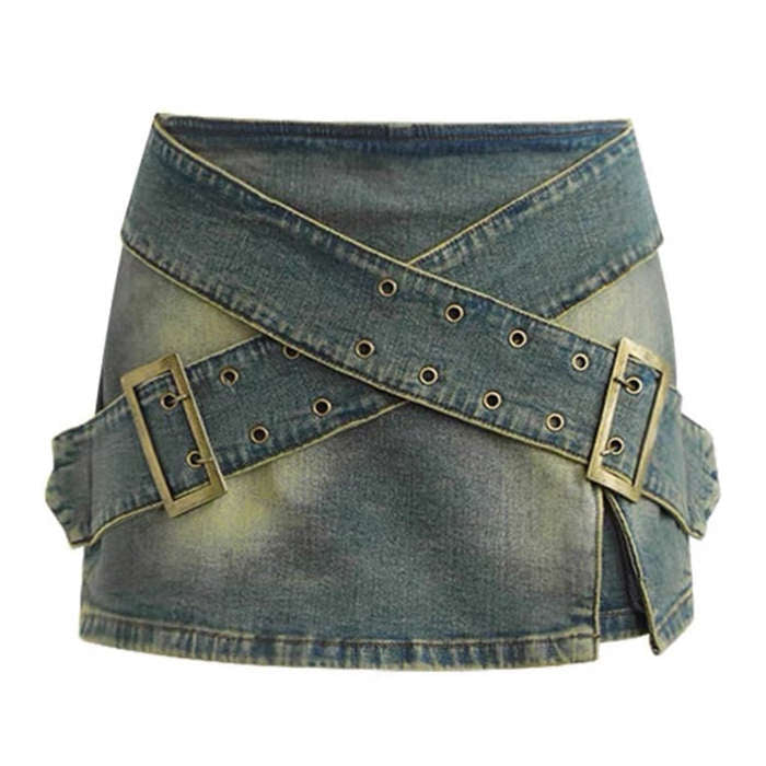 BLUE DENIM MINI SKIRT WITH DOUBLE BUCKLE