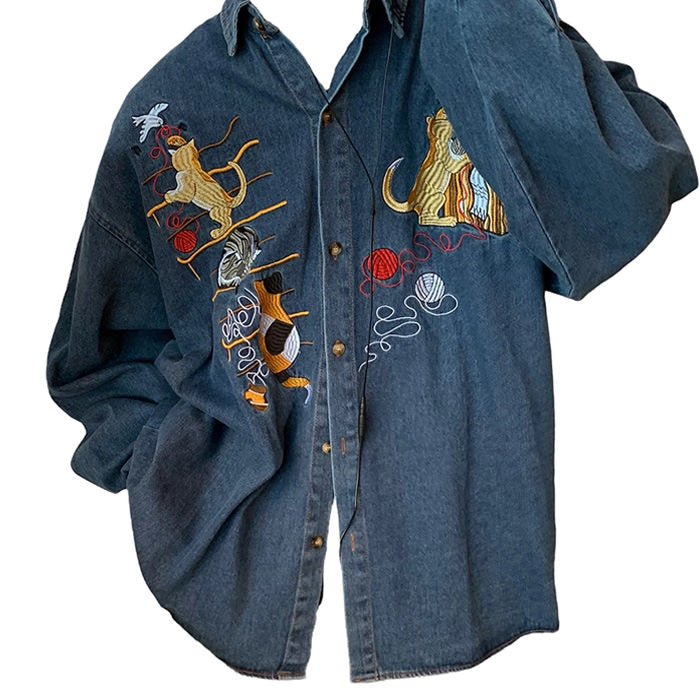 BLUE DENIM SHIRT WITH CAT EMBROIDERY FOR MEN AND WOMEN