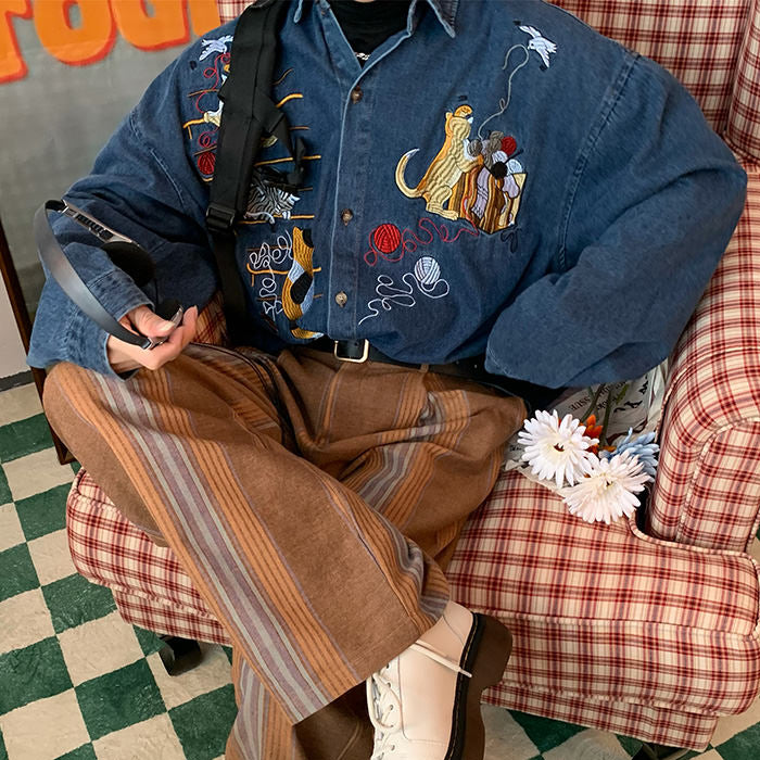 BLUE DENIM SHIRT WITH CAT EMBROIDERY FOR MEN AND WOMEN