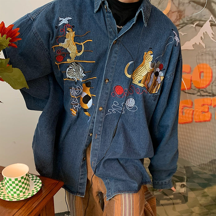 BLUE DENIM SHIRT WITH CAT EMBROIDERY FOR MEN AND WOMEN