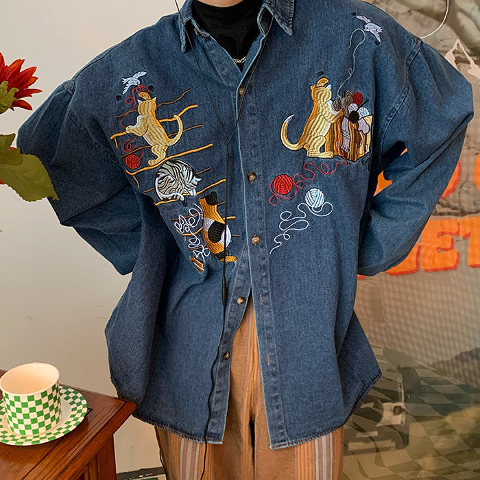 BLUE DENIM SHIRT WITH CAT EMBROIDERY FOR MEN AND WOMEN