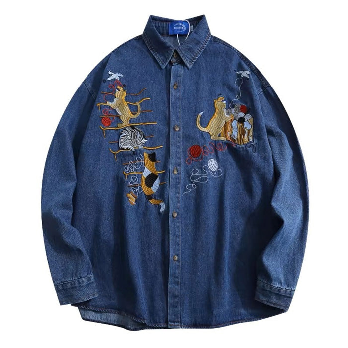 BLUE DENIM SHIRT WITH CAT EMBROIDERY FOR MEN AND WOMEN