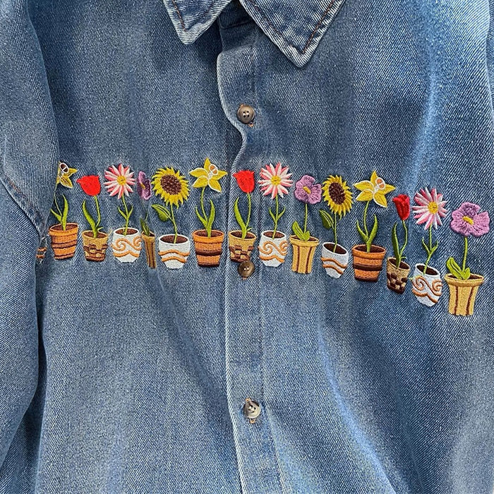 BLUE DENIM SHIRT WITH FLORAL EMBROIDERY FOR WOMEN