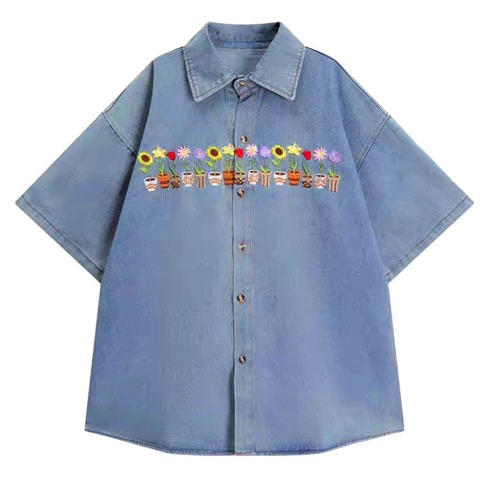 BLUE DENIM SHIRT WITH FLORAL EMBROIDERY FOR WOMEN