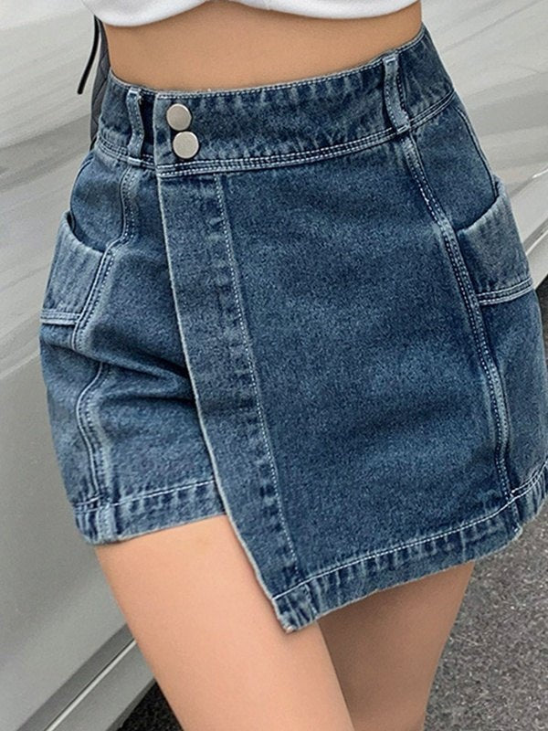 BLUE DENIM SKORT WITH POCKETS AND UNIQUE IRREGULAR DESIGN