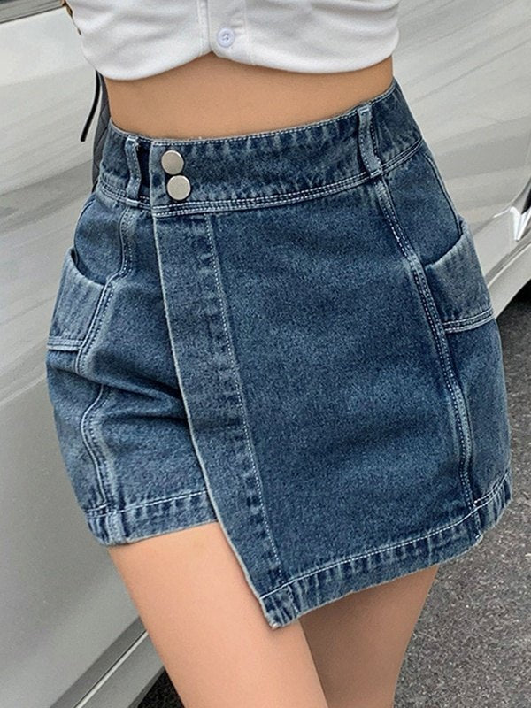 BLUE DENIM SKORT WITH POCKETS AND UNIQUE IRREGULAR DESIGN