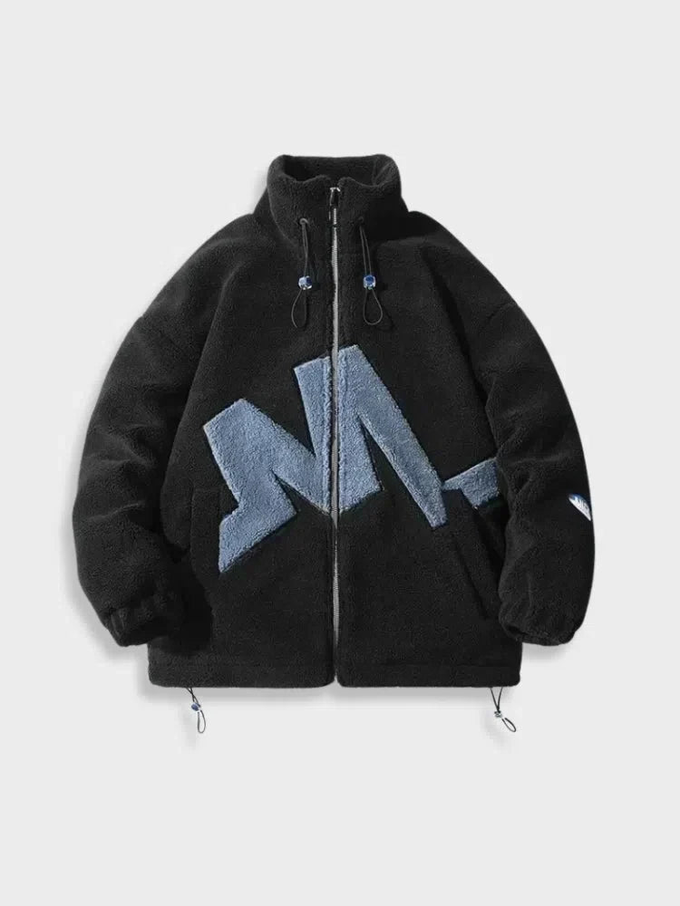 BLUE FLEECE JACKET WITH BLACK GRAPHIC - COMFORTABLE FIT OUTERWEAR